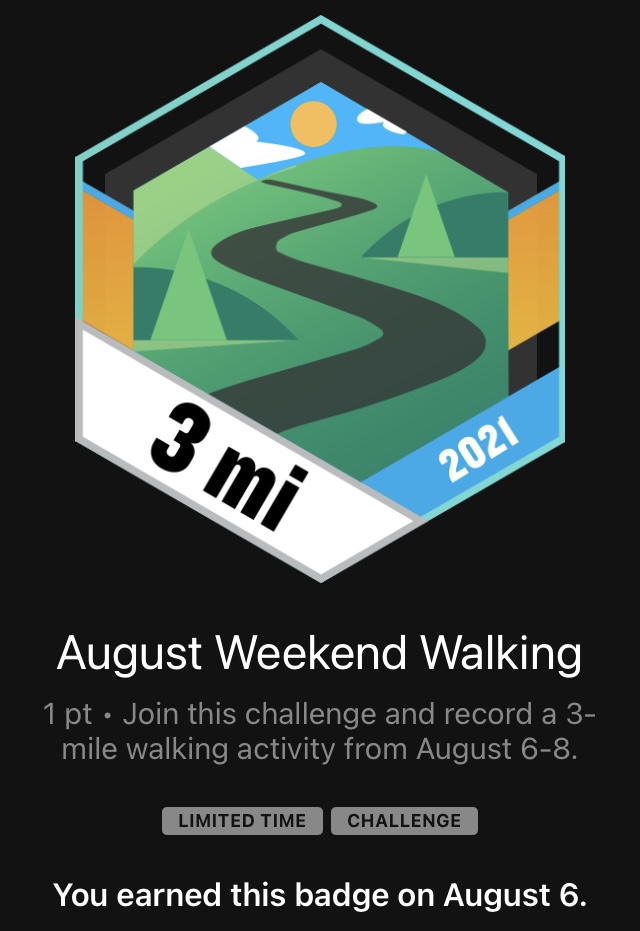 Garmin “badge” earned for doing a 3 mile “walking activity” this weekend.