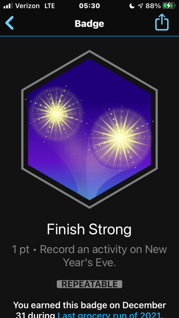 A hexagon with a graphic of fireworks - “Finish strong: record one activity on New Year’s Eve.”