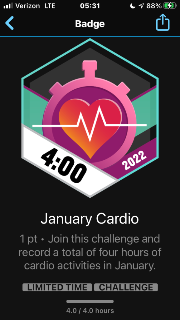 A hexagon with an anatomical heart graphic.  Along one diagonal edge is 4:00 - “January cardio: record 4 hours of cardio activity”